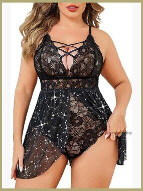 Plus Size Lace Babydoll Chemise with Snap Crotch V-Neck Sleepwear